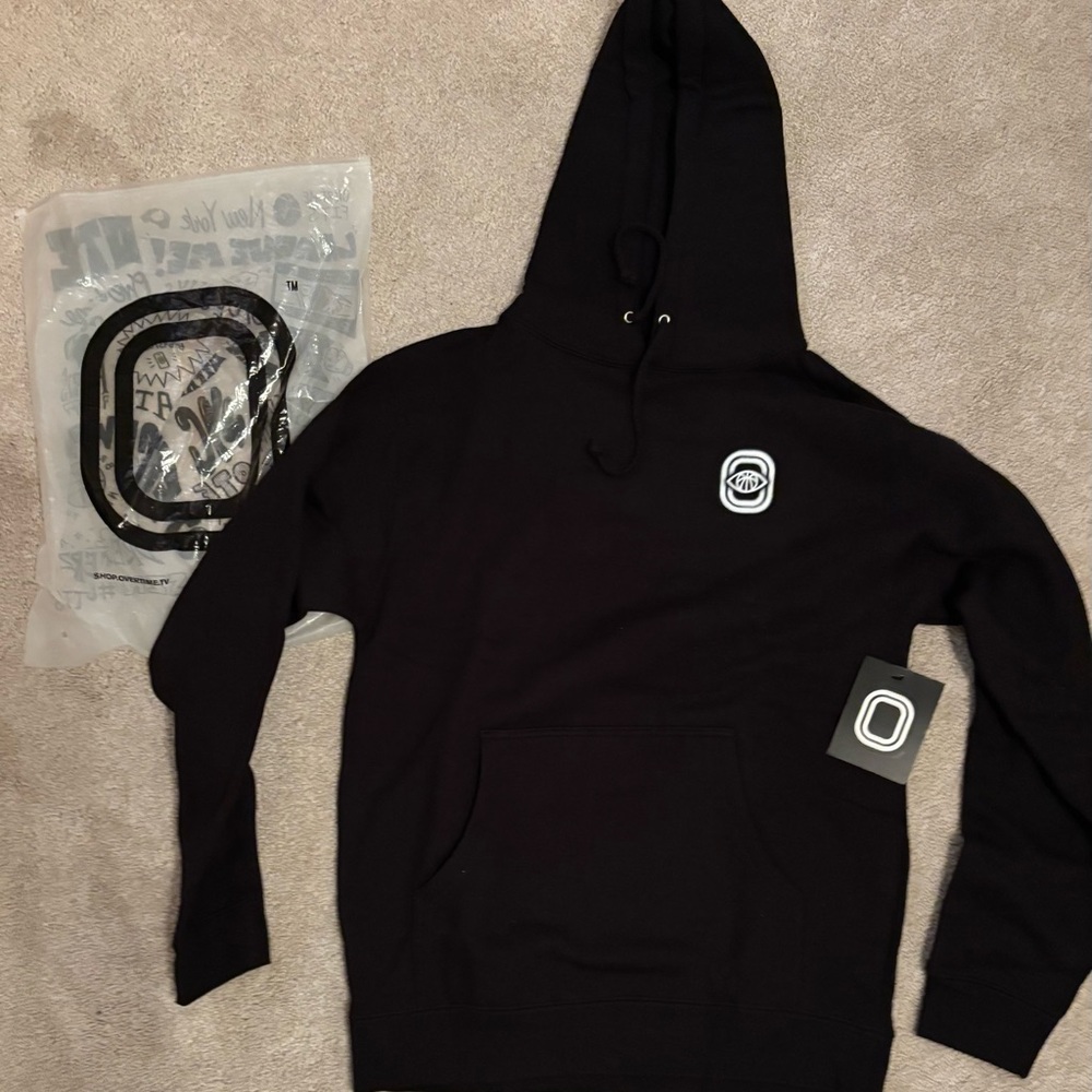 OVERTIME Black Hoodie with Logo on front and back design. Size S.